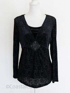 Vintage Notations Y2K Burnout Velvet Blouse L Top Beaded Layered Goth 90s Grunge